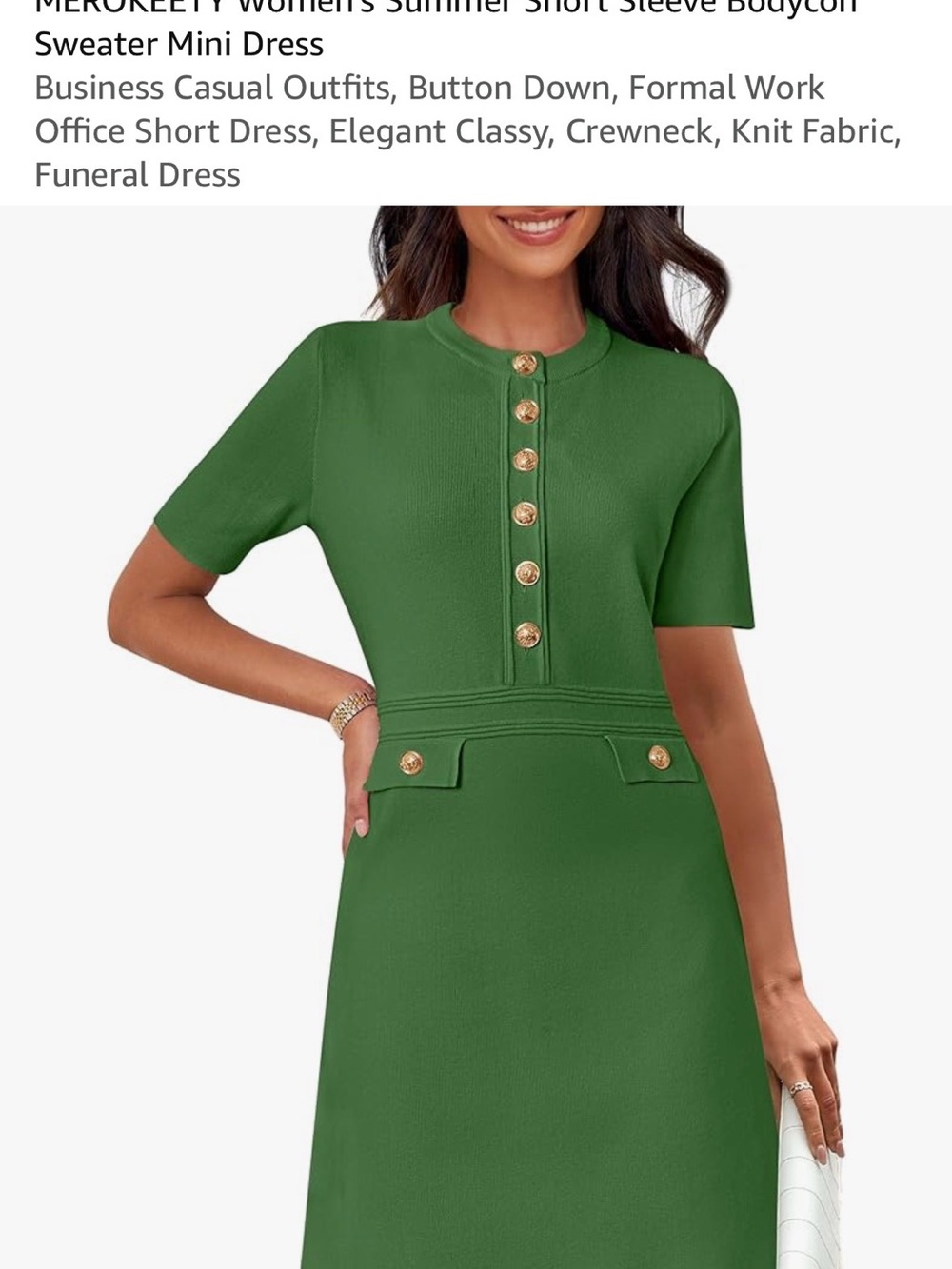 Amazon Green Short-Sleeve Knit Mini Dress with Gold Buttons
